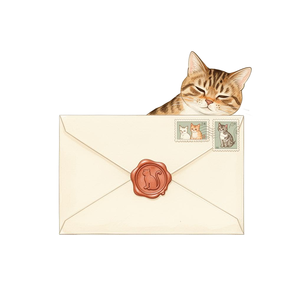Illustration of a cream envelope sealed with a cat wax seal and a tabby cat peeking from behind